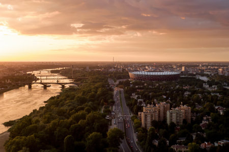 Poland National Stadium in Warsaw capital city. Aerial drone viewの写真素材