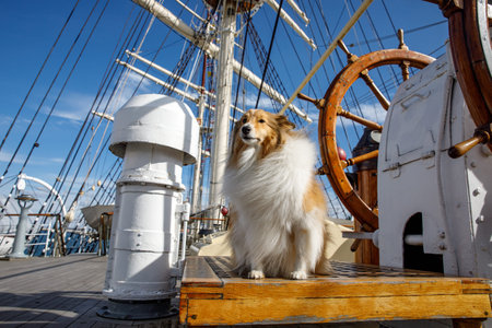 Serious dog on the deck of an old wooden sailing ship.