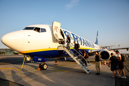 Riga, Latvia - 22.07.2022: Passengers Boarding a Ryanair planeのeditorial素材