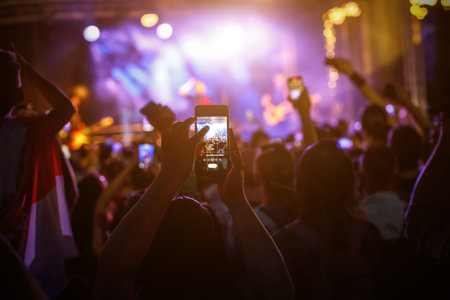 Large group of happy people enjoying rock concert