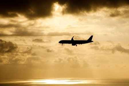 The plane flies over the sea in the sun raysの写真素材