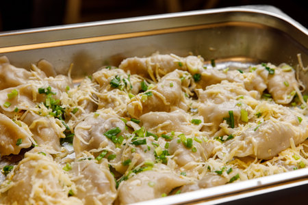Steamed Dumplings Served with Spring Onions and Oil.の写真素材