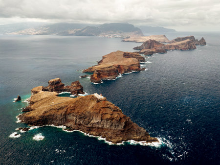 Drone view of autumn Landscape of Madeira island - Ponta de sao Lourenco cliffsの写真素材