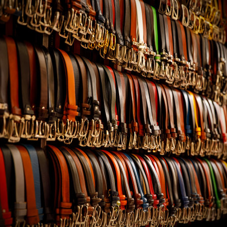 The row of belts leather at the shopping street marketの写真素材