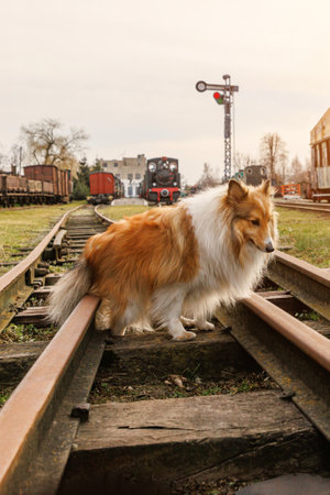 The dog walks along the rails and sleepers at the railway stationの写真素材