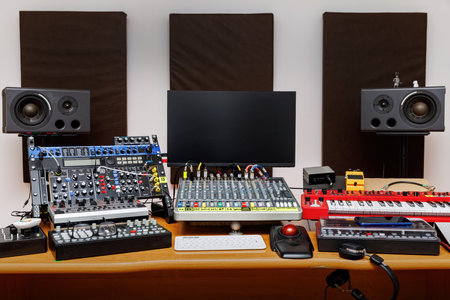 Sound engineer equipment set-up at a music production studioの写真素材