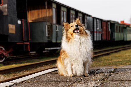 Canine waiting on the train station platformの写真素材