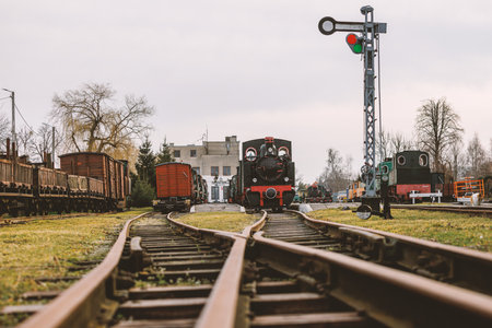 Railroad switches on the rails at the railway stationの写真素材