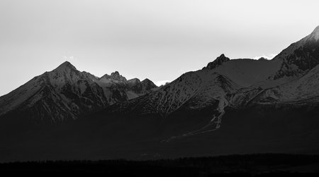 Snow covered mountains peaks, Black and whiteの写真素材