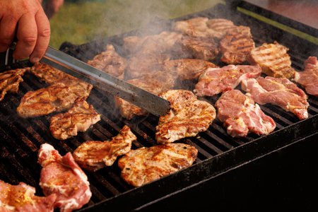 Pieces of juicy meat are fried on fireの写真素材