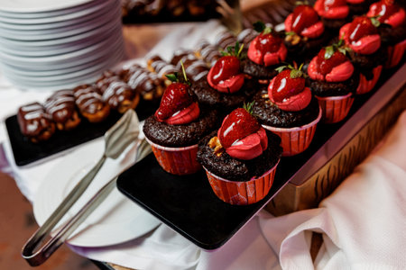 Sweet cupcakes with toppings at the hotel buffetの写真素材
