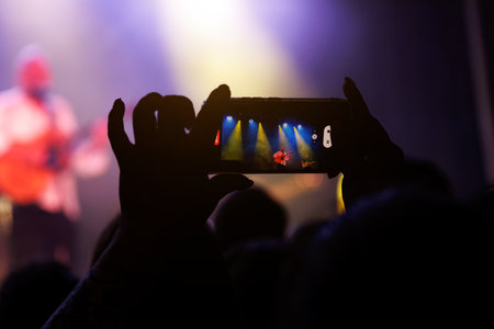 A group of people enjoying a popular music concert at night.の写真素材