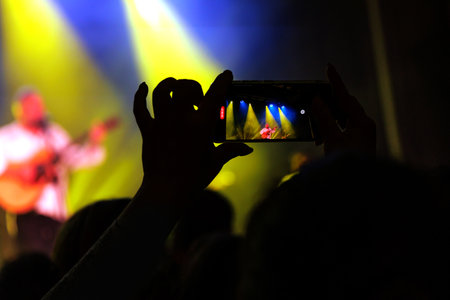 Enthusiastic audience enjoying popular music concert with illuminated stage.