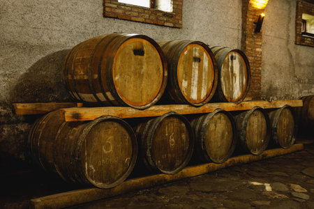 Vintage wine cellar with wooden oak barrelsの写真素材