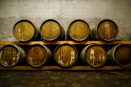 Rustic wooden barrels in the cellar