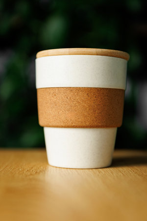 Wooden eco cup on the tableの写真素材