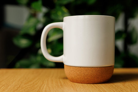 White glass eco cup with wooden elements on the tableの写真素材