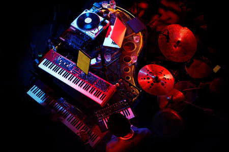 Musical instruments set and music equipment before the music band performance.の写真素材