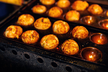 Japanese Takoyaki close-up, Osaka city street foodの写真素材