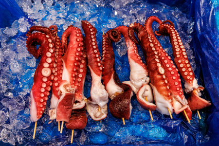 Colorful octopus tentacles elegantly displayed on ice, ideal for exquisite seafood dishes and...