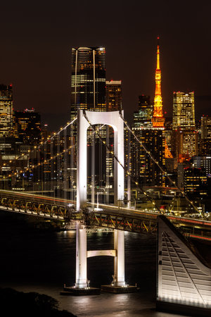 A night view of Tokyos Rainbow Bridge and Tokyo Towerの写真素材