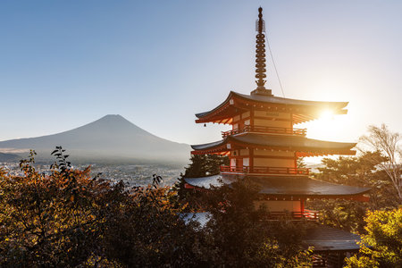 Japanese iconic view. Chureito Pagoda near Kawaghuchiko Lakeの写真素材