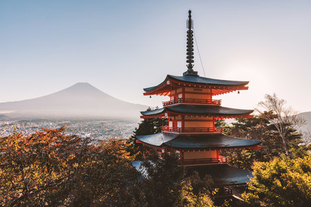 Japan iconic view with traditional pagoda and Fuji mount on the backgroundの写真素材