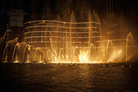 Part of the performance of Dubai's famous choreographed fountainsの写真素材
