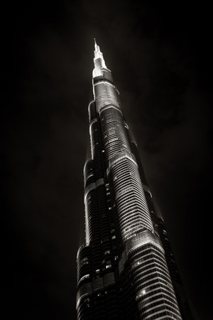 Burj Khalifa skyscraper in the night. Bottom viewの写真素材