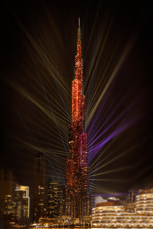 Light show on the facade of the Burj Khalifa buildingの写真素材