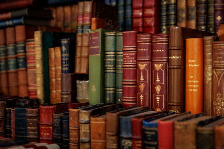 A diverse assortment of books, ranging in size and color, are piled on top of each otherの写真素材
