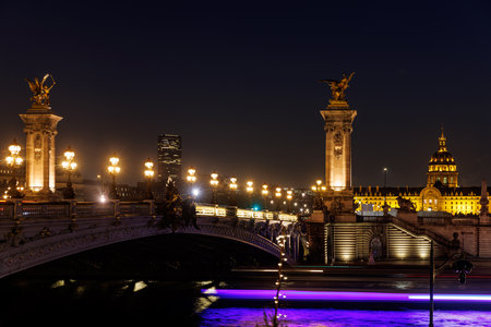 The city of Paris is lit up at night, with landmarks visible in the background.の写真素材