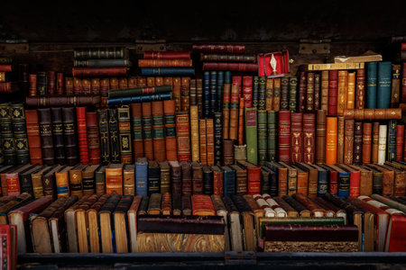 A vast assortment of books, arranged in a visually striking manner. The books come in various sizesの写真素材