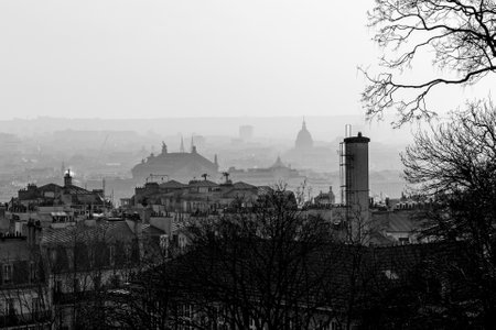 Misty atmosphere over the Paris rooftops. Iconic skyline silhouettes visible through fog, creating a timeless scene.の写真素材