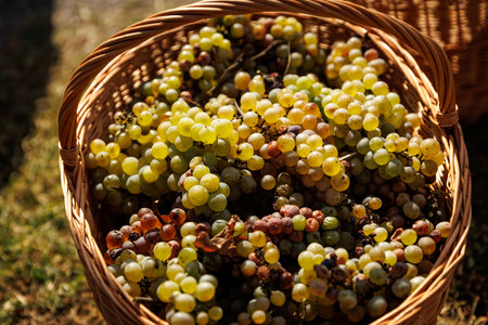 Basket filled with grapes. Harvest at a wineryの写真素材