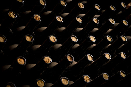 A row of wine bottles with their corks removed. The bottles are lined up in a rowの写真素材