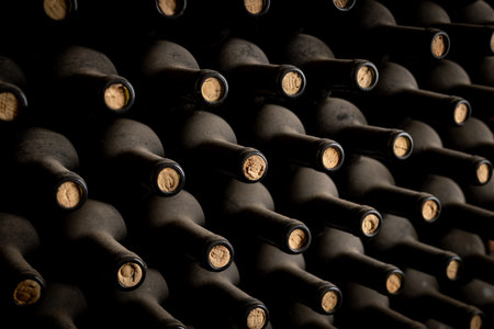 Rows of dust-covered wine bottles with corks intact are neatly stacked in a dimly lit cellarの写真素材