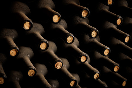 A row of wine bottles with corks in them. The corks are brown and the bottles are blackの写真素材