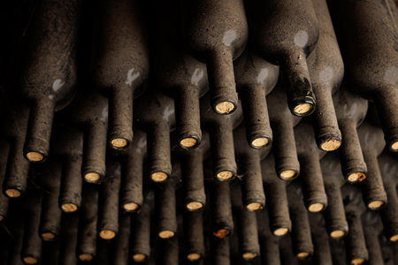 A row of bottles with corks in them. The corks are brown.の写真素材