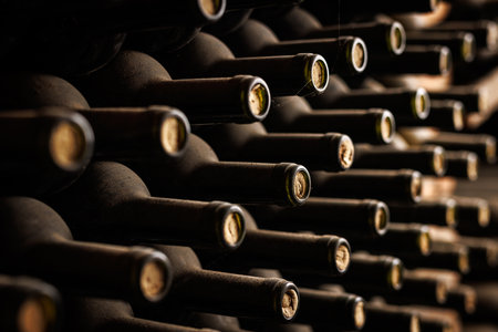 Bottles closed with corks, close-up of bottle necks.の写真素材