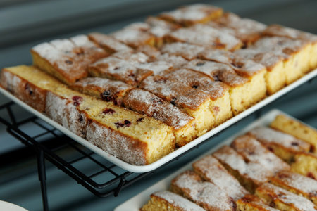 A tray of baked goods with powdered sugar on top. The baked goods are cut into small squaresの写真素材