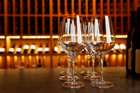 A group of wine glasses are on a bar counter. The glasses are all clear and are arranged in a rowの写真素材