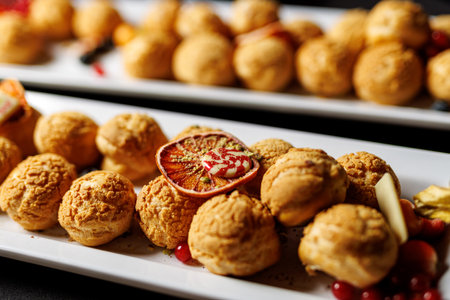 Delicious Choux Pastries with Citrus Garnish on Platter