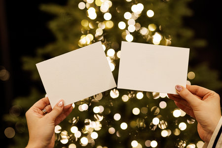 Two blank cards in hands with Christmas tree lightsの写真素材
