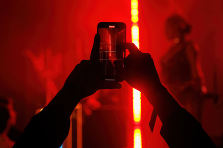 Silhouetted hands record a concert with intense red stage lighting using a smartphone. Captures a modern nightlife moment.の写真素材
