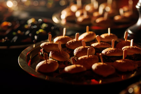 Mini burgers under warm lights in a moody buffet setting. Fits food styling, catering, or evening...
