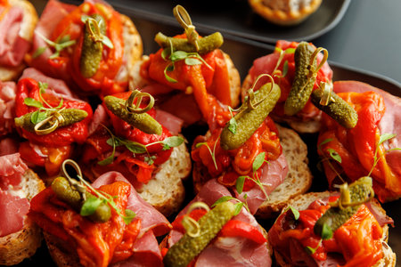Close-up of gourmet meat canapes topped with pickles and red peppers.の写真素材