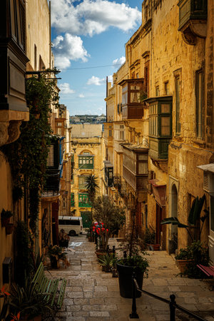 Narrow stone street in Valletta with colorful wooden balconies and plants under sunlight. Ideal for illustrating Mediterranean lifestyle, culture, and travel themes.の写真素材