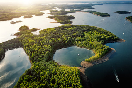 Aerial panoramic view of green islands and peninsulas surrounded by blue water and forest. Captured on a sunny day.の写真素材
