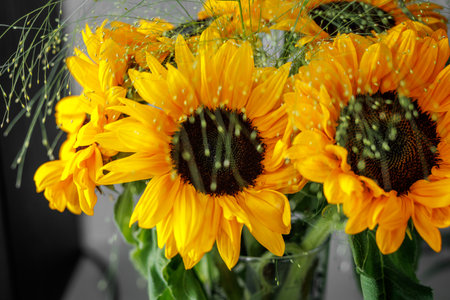 A vibrant bouquet of sunflowers is decorated with thin green grass strands. The bright yellow petals contrast with the dark centers.の写真素材